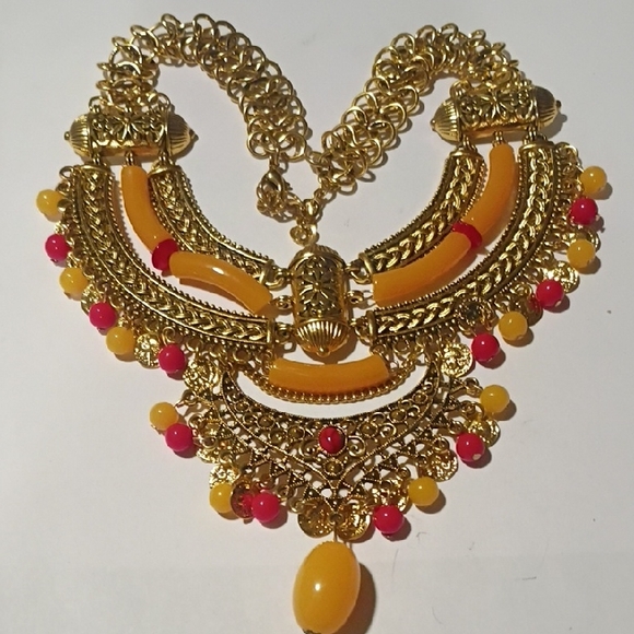 Bohemian Styled Necklace Gold Tone with Gold & Red Accent Beads. - Picture 1 of 2